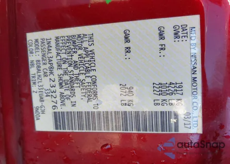 2017 Nissan Altima 2.5 Sr from USA, damaged, VIN 1N4AL3AP8HC233276